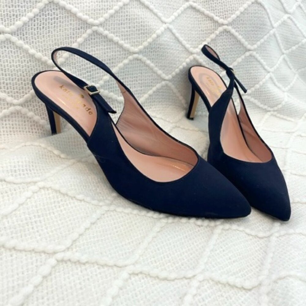 Kate Spade Sling Back Kitten Heels - Navy Blue Fabric